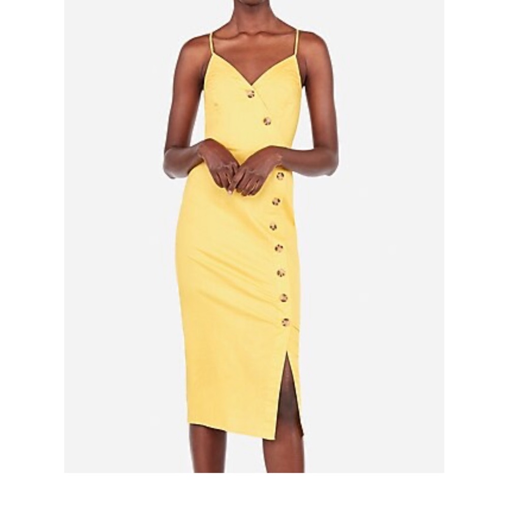 Express Asymmetrical Button Front Midi Dress | Small | Yellow